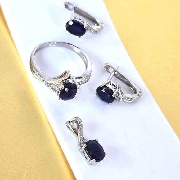 Natural Sapphire set "Afina" 925 Sterling Silver Earrings Pendant Ring 6.75/7.75 - Picture 10 of 10